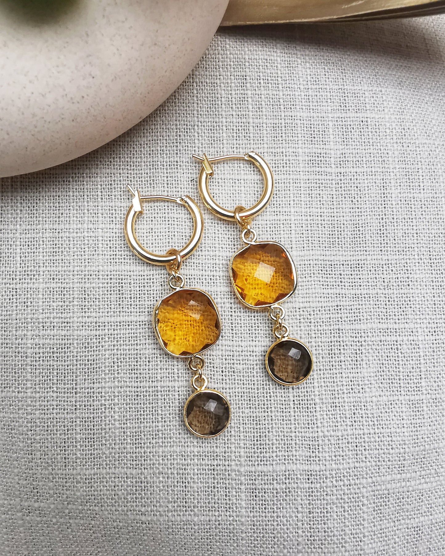 Versatile Gemstone Hoop Earrings with Citrine and Smokey Quartz