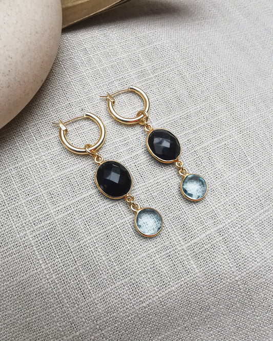 Versatile Gemstone Hoop Earrings with Black Onyx and Blue Topaz