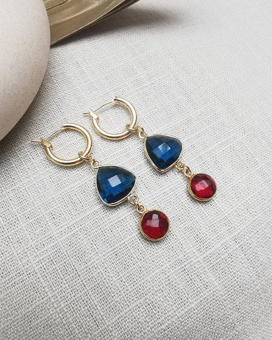 Versatile Gemstone Hoop Earrings with London Blue Topaz and Red Garnets