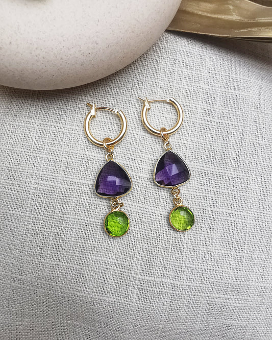 Versatile Gemstone Hoop Earrings with Amethysts and Peridots.