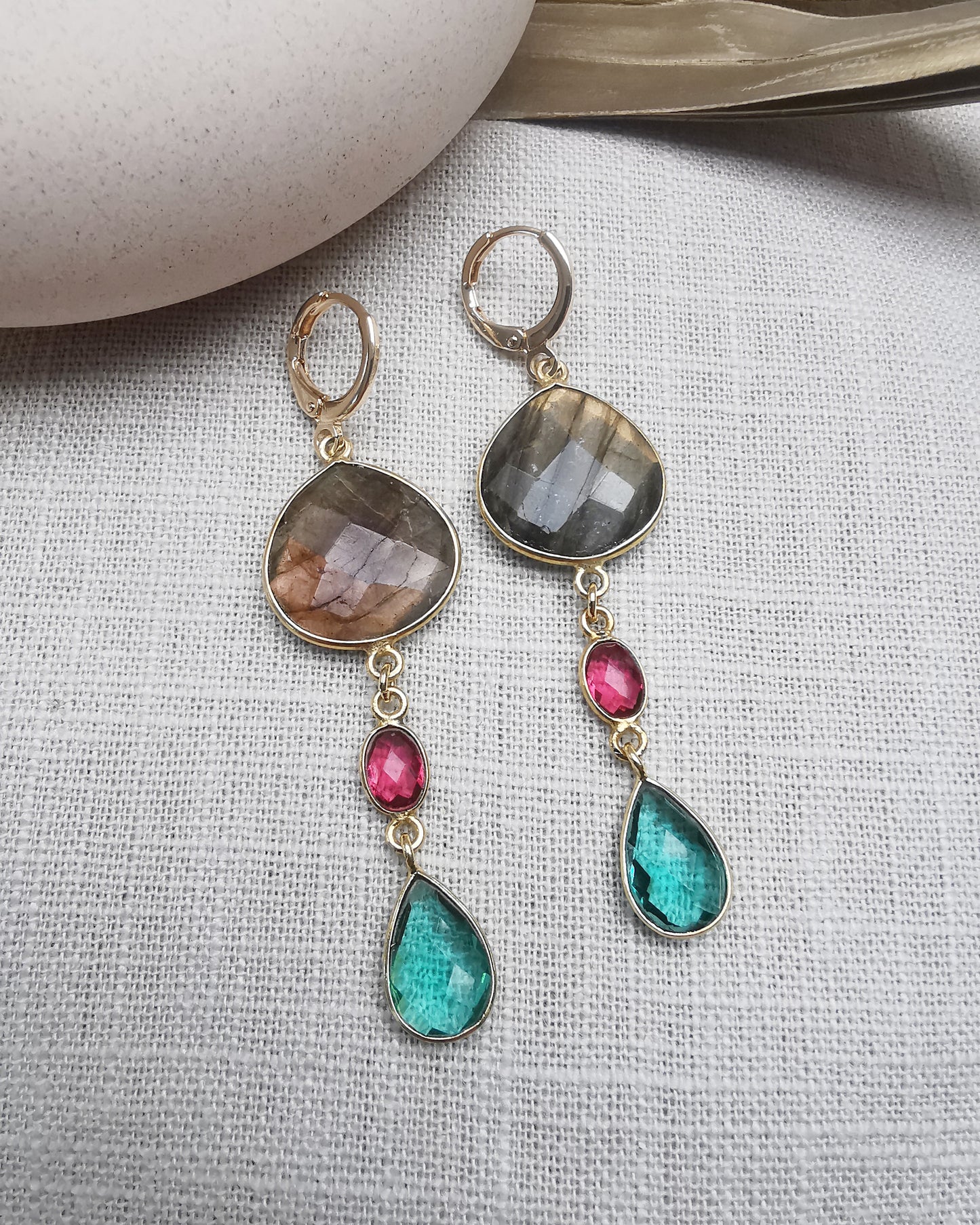 Long Drop Earrings with Mixed Gemstones.