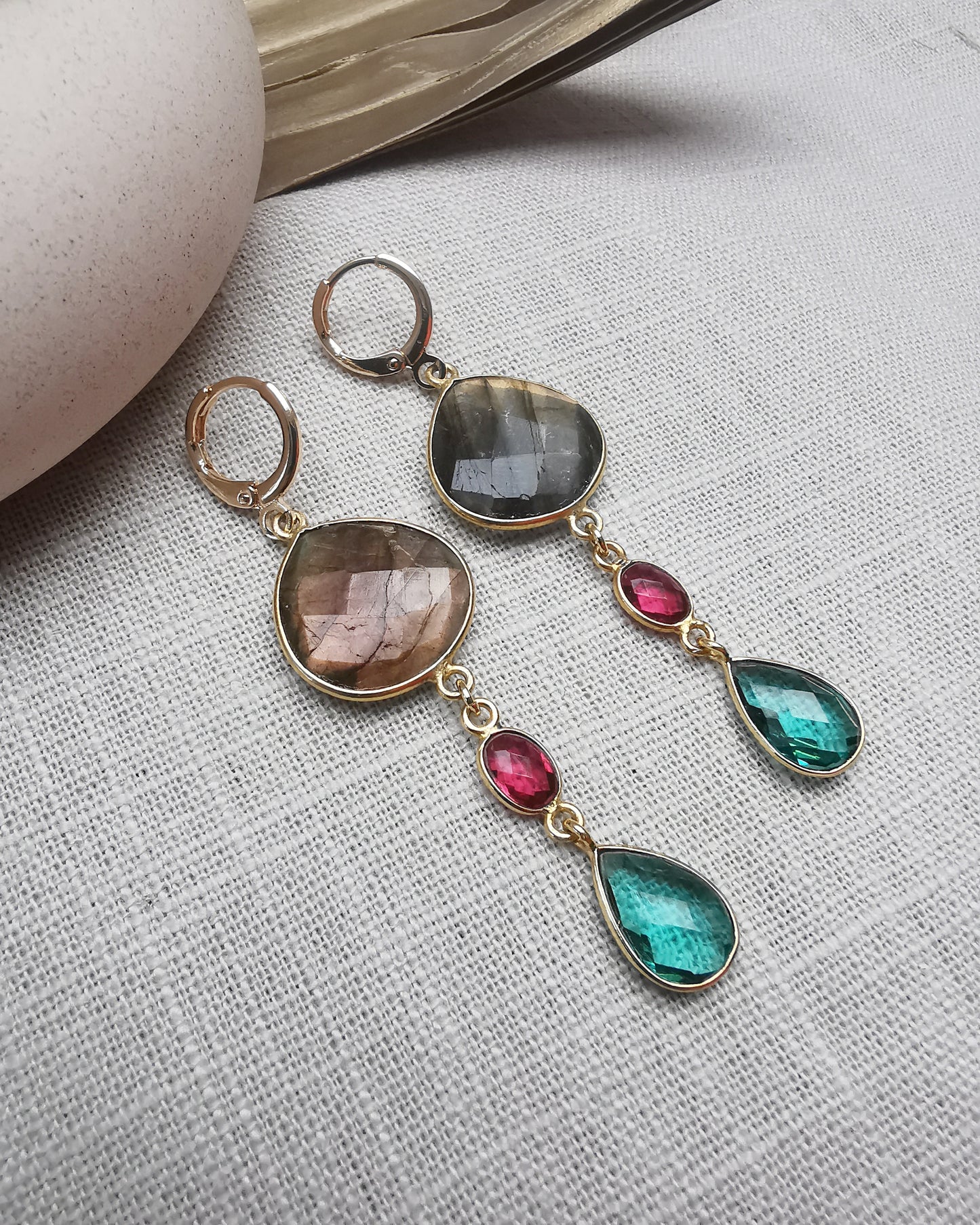 Long Drop Earrings with Mixed Gemstones.