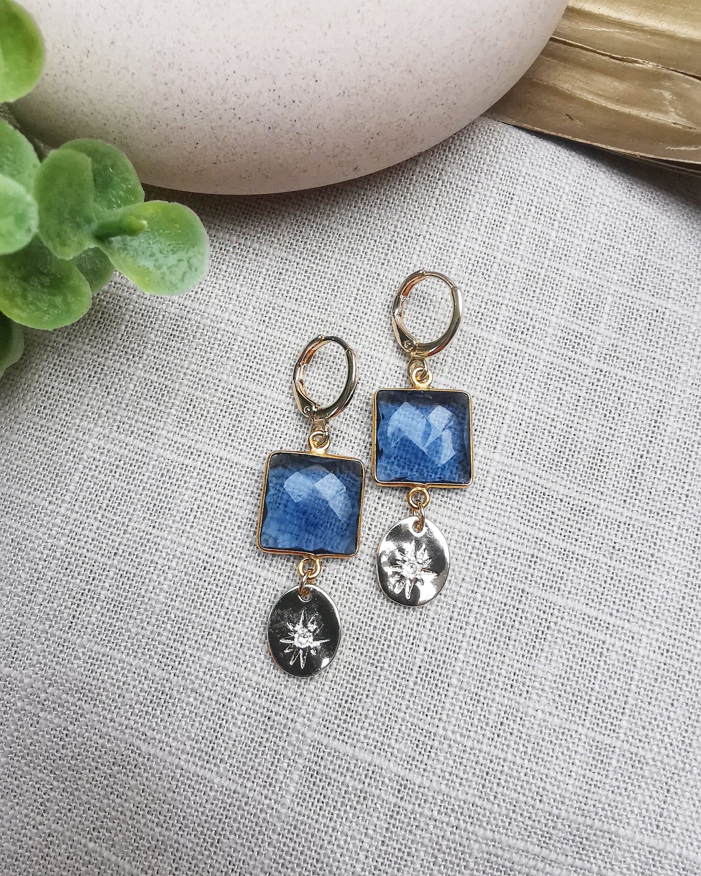 Blue Iolite Gemstone Earrings with Starburst Charm