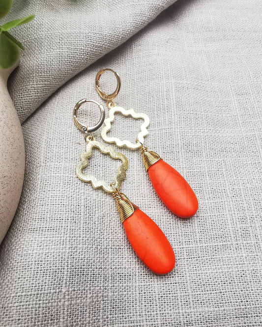 Orange Howlite Teardrop Earrings - Vinta Shop