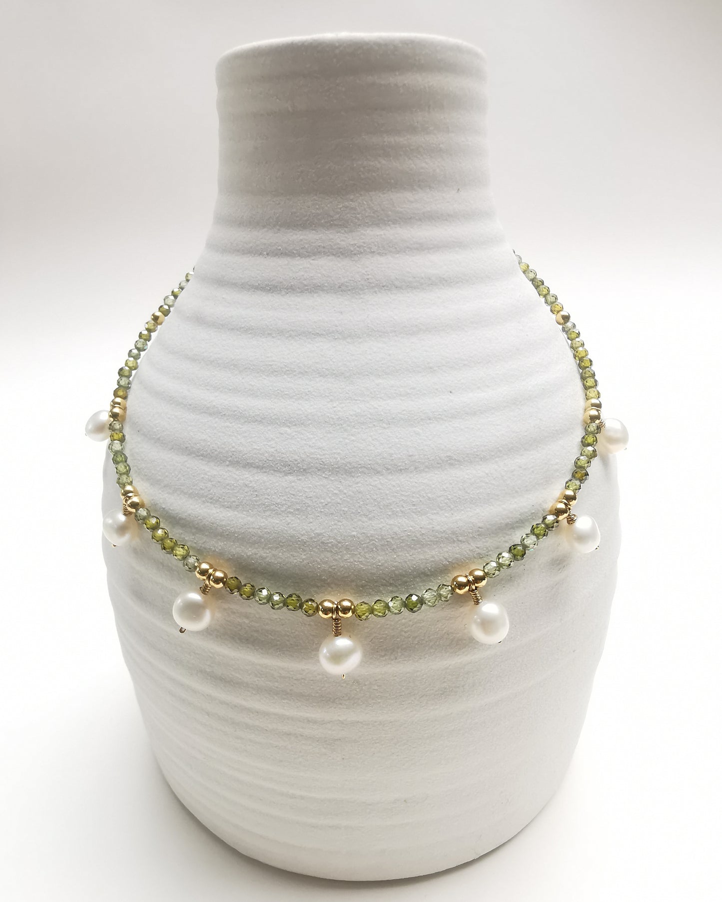 PILI - Green CZ Necklace with Freshwater Pearls.