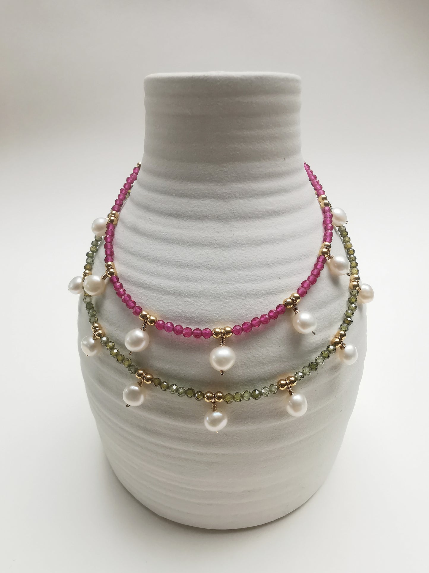 PILI - Green CZ Necklace with Freshwater Pearls.