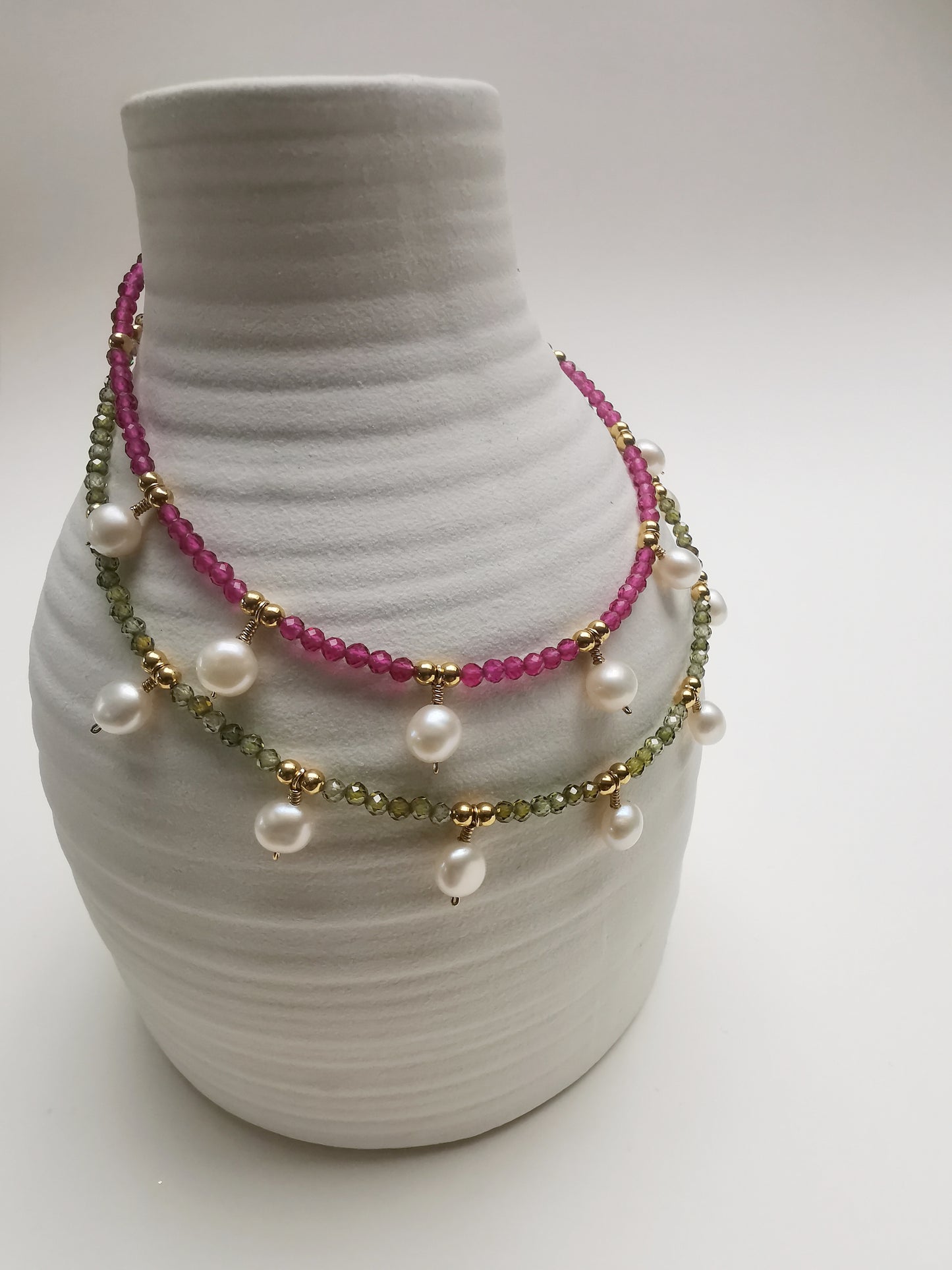 PILI - Green CZ Necklace with Freshwater Pearls.
