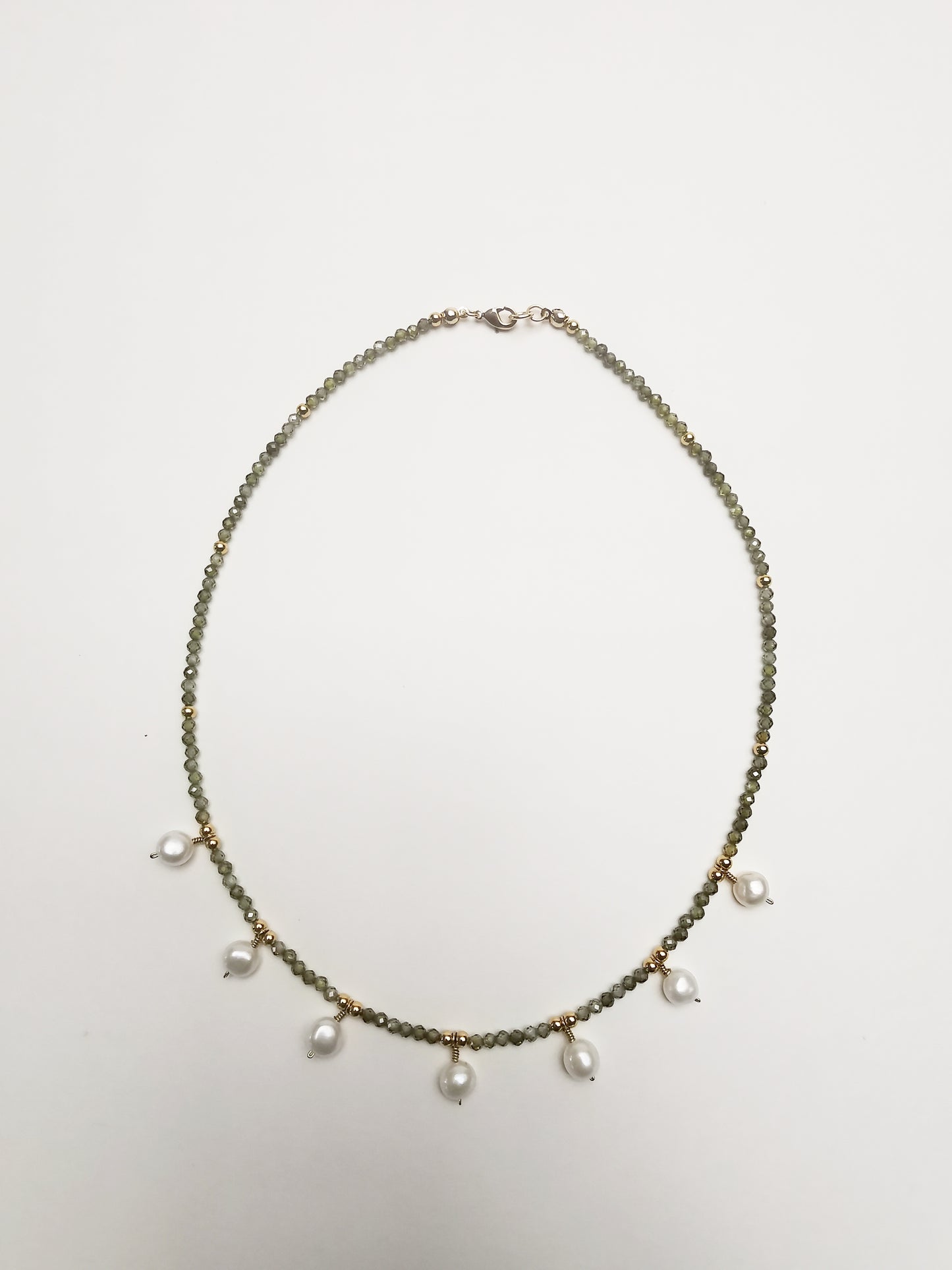 PILI - Green CZ Necklace with Freshwater Pearls.