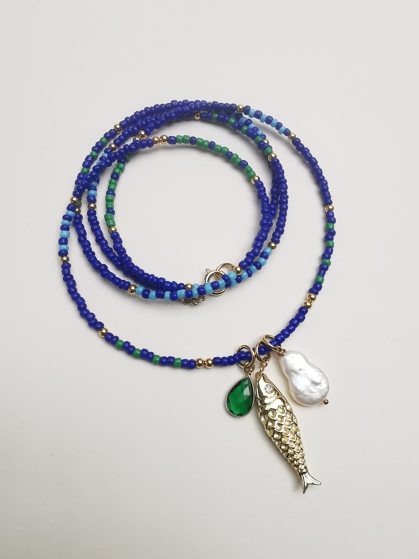 Blue Long Beaded Necklace with Gold Fish Pendant, Pearl & Gemstone.