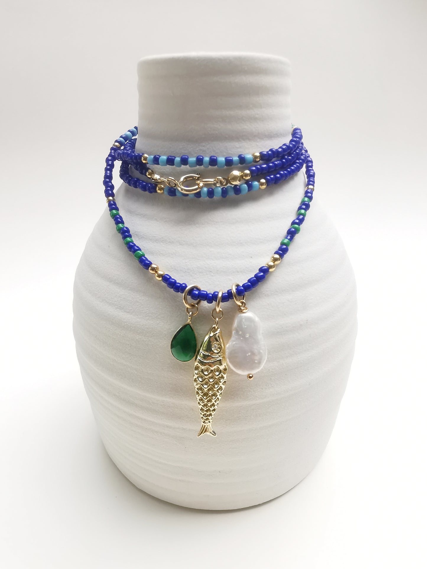 Blue Long Beaded Necklace with Gold Fish Pendant, Pearl & Gemstone.