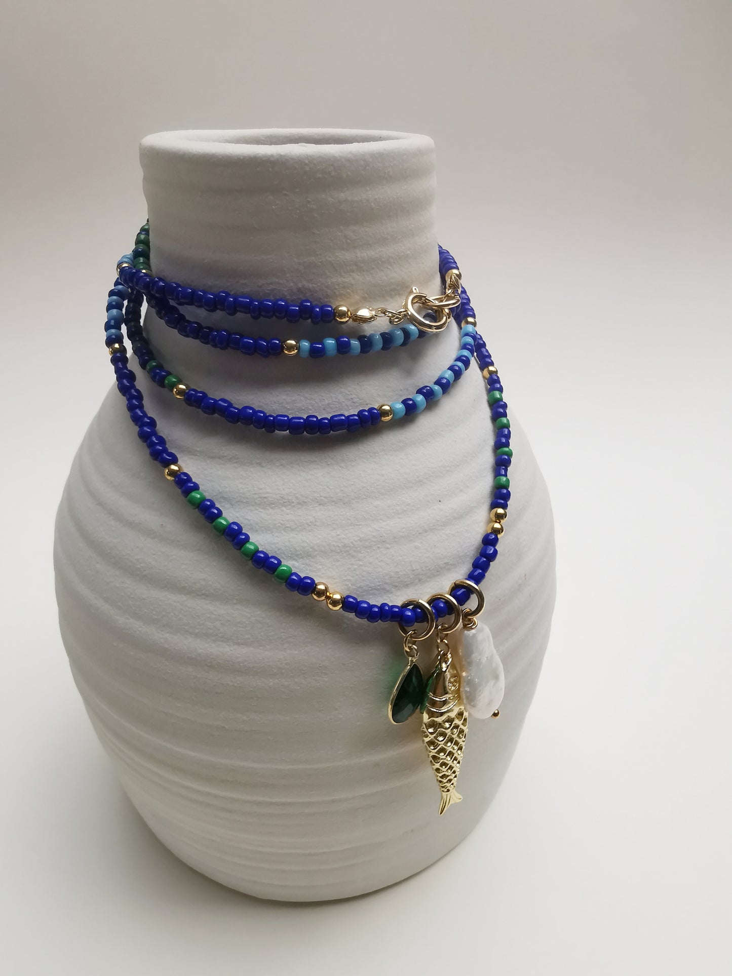 Blue Long Beaded Necklace with Gold Fish Pendant, Pearl & Gemstone.