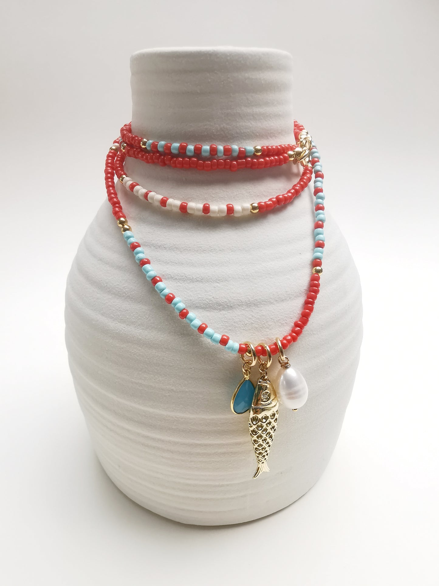 Red Long Beaded Necklace with Gold Fish Pendant, Pearl & Gemstone.