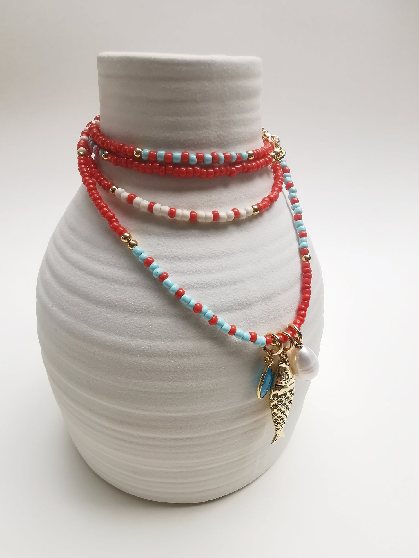 Red Long Beaded Necklace with Gold Fish Pendant, Pearl & Gemstone.
