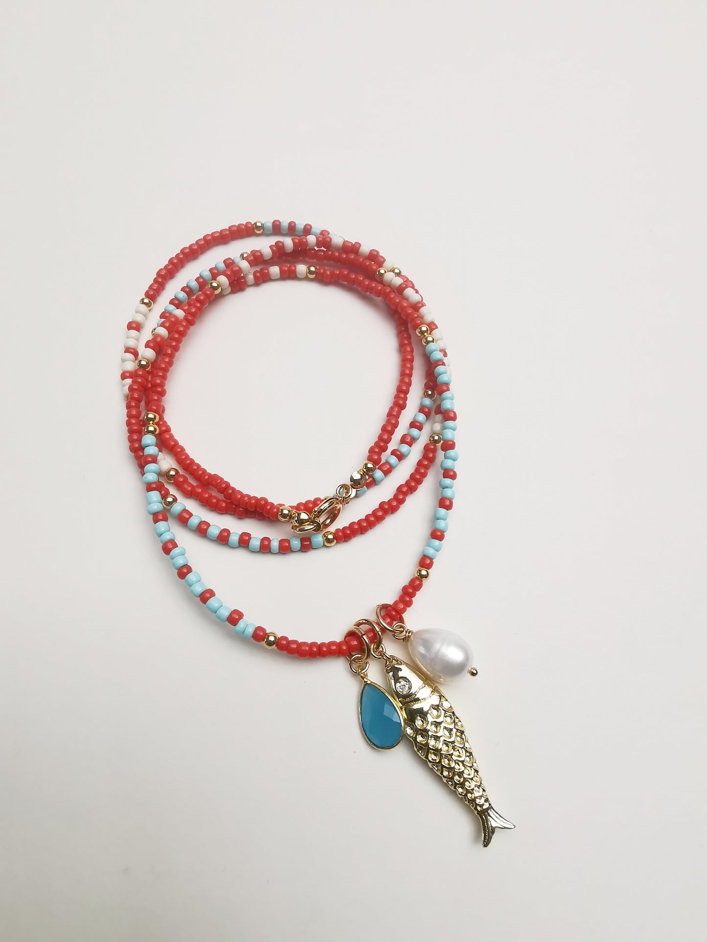 Red Long Beaded Necklace with Gold Fish Pendant, Pearl & Gemstone.
