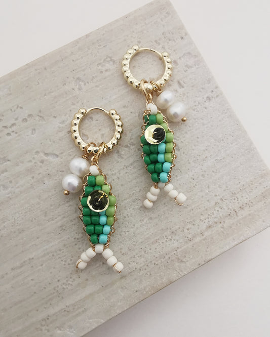 CORAL - Convertible Pearl & Beaded Fish Charm Hook Earrings. - Vinta Shop