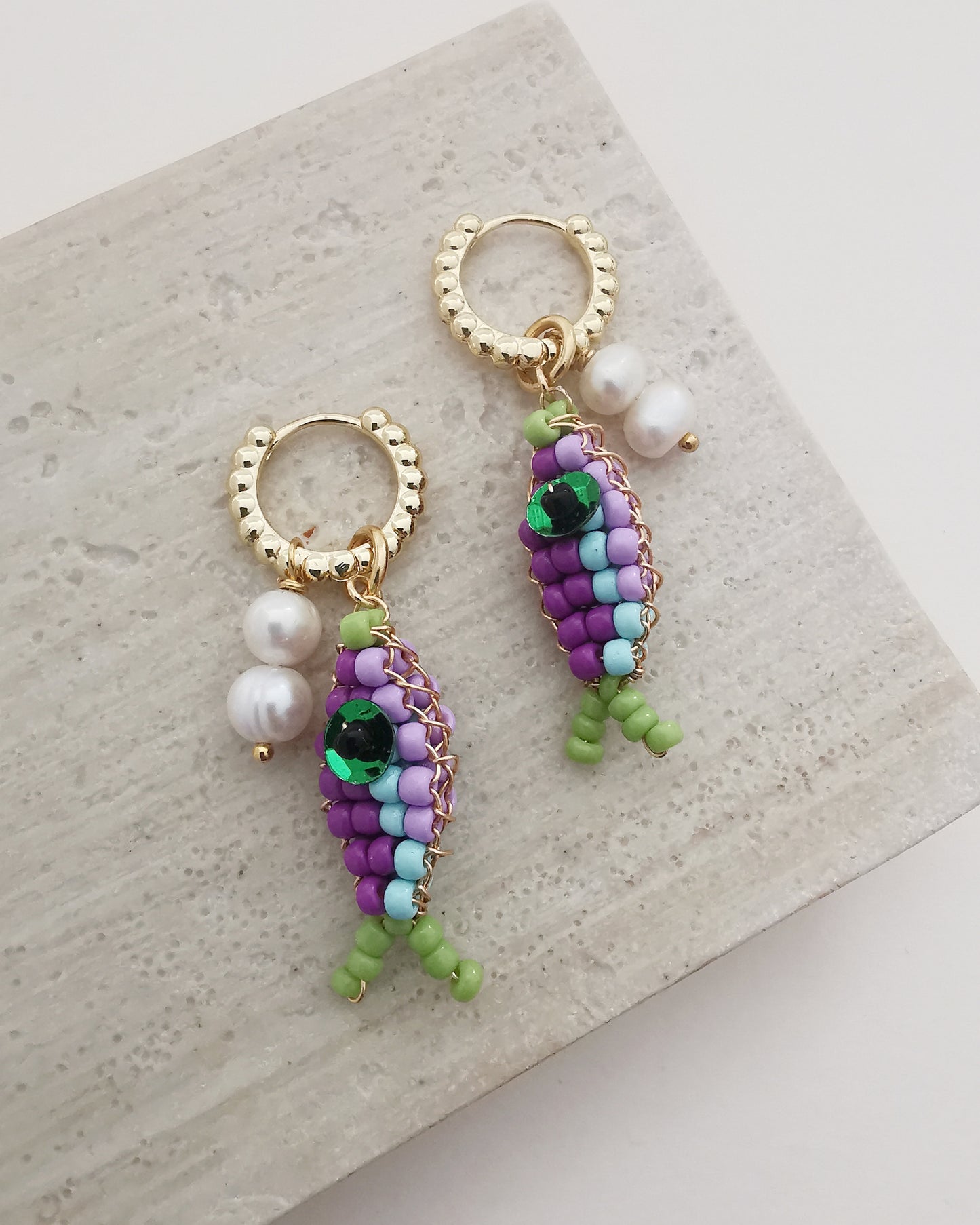 CORAL - Convertible Pearl & Beaded Fish Charm Hook Earrings. - Vinta Shop