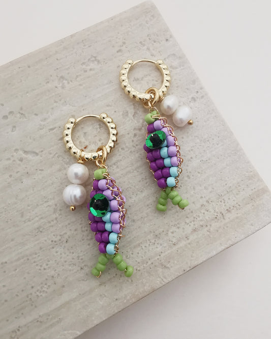 CORAL - Convertible Pearl & Beaded Fish Charm Hook Earrings. - Vinta Shop