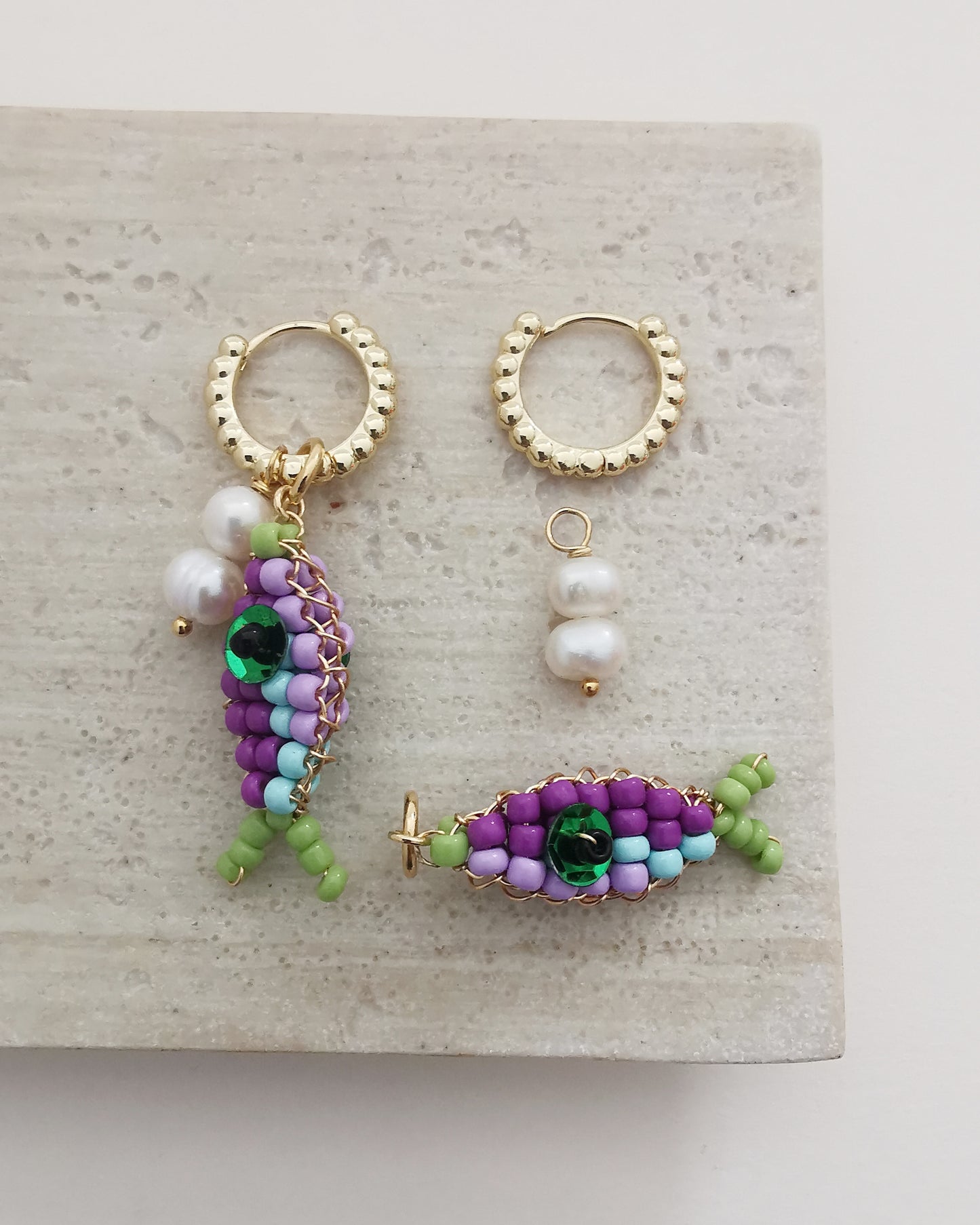 CORAL - Convertible Pearl & Beaded Fish Charm Hook Earrings. - Vinta Shop