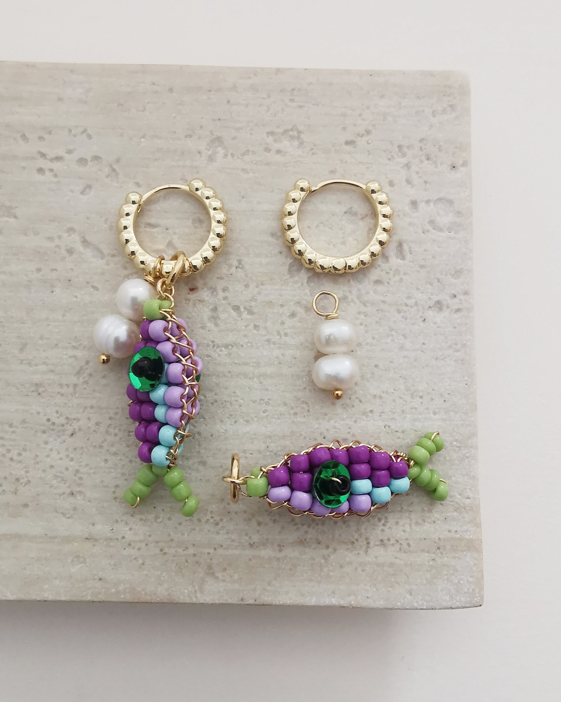 CORAL - Convertible Pearl & Beaded Fish Charm Hook Earrings. - Vinta Shop