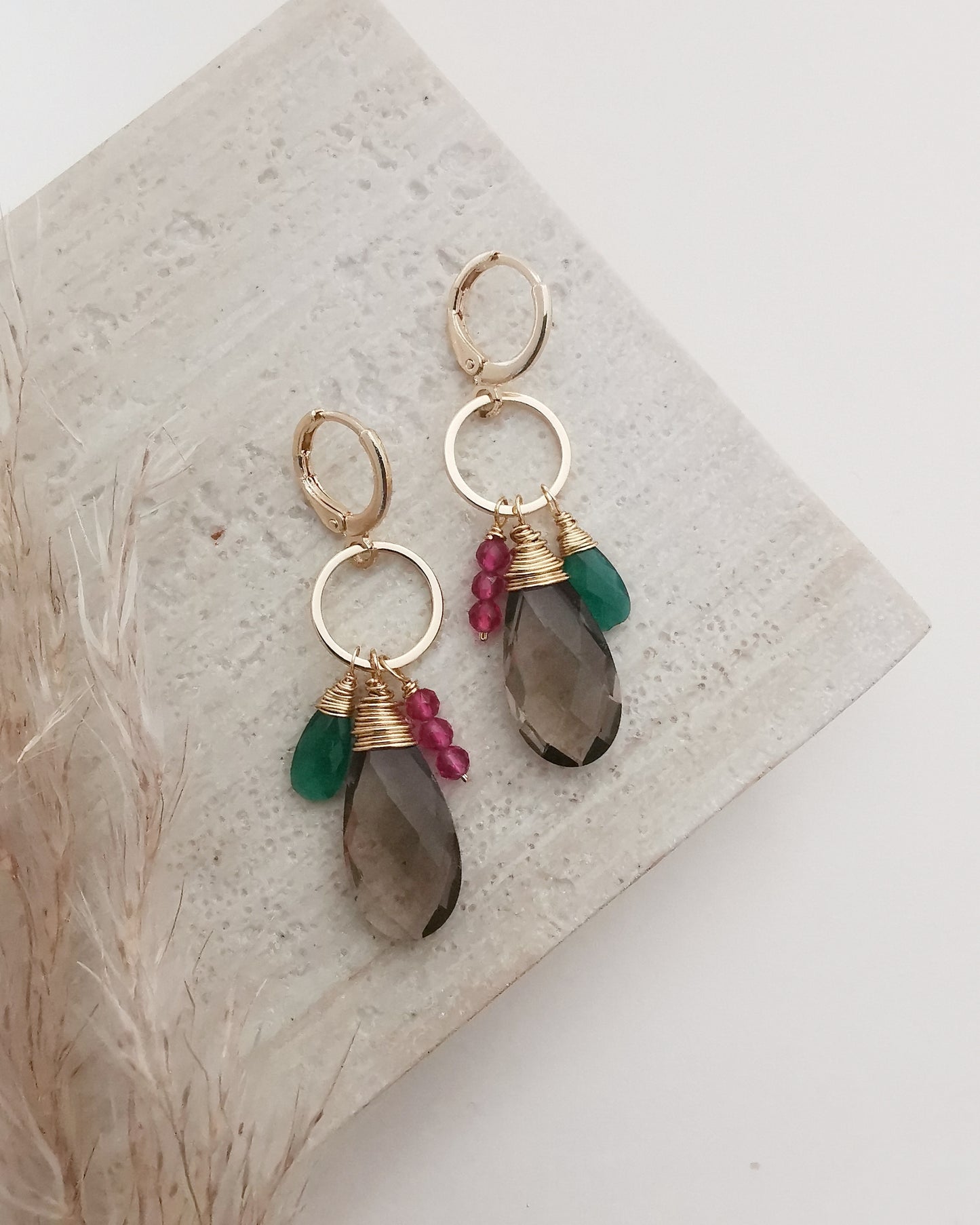ARANIS - Smokey Quartz Gemstone Cluster Dangle Earrings. - Vinta Shop