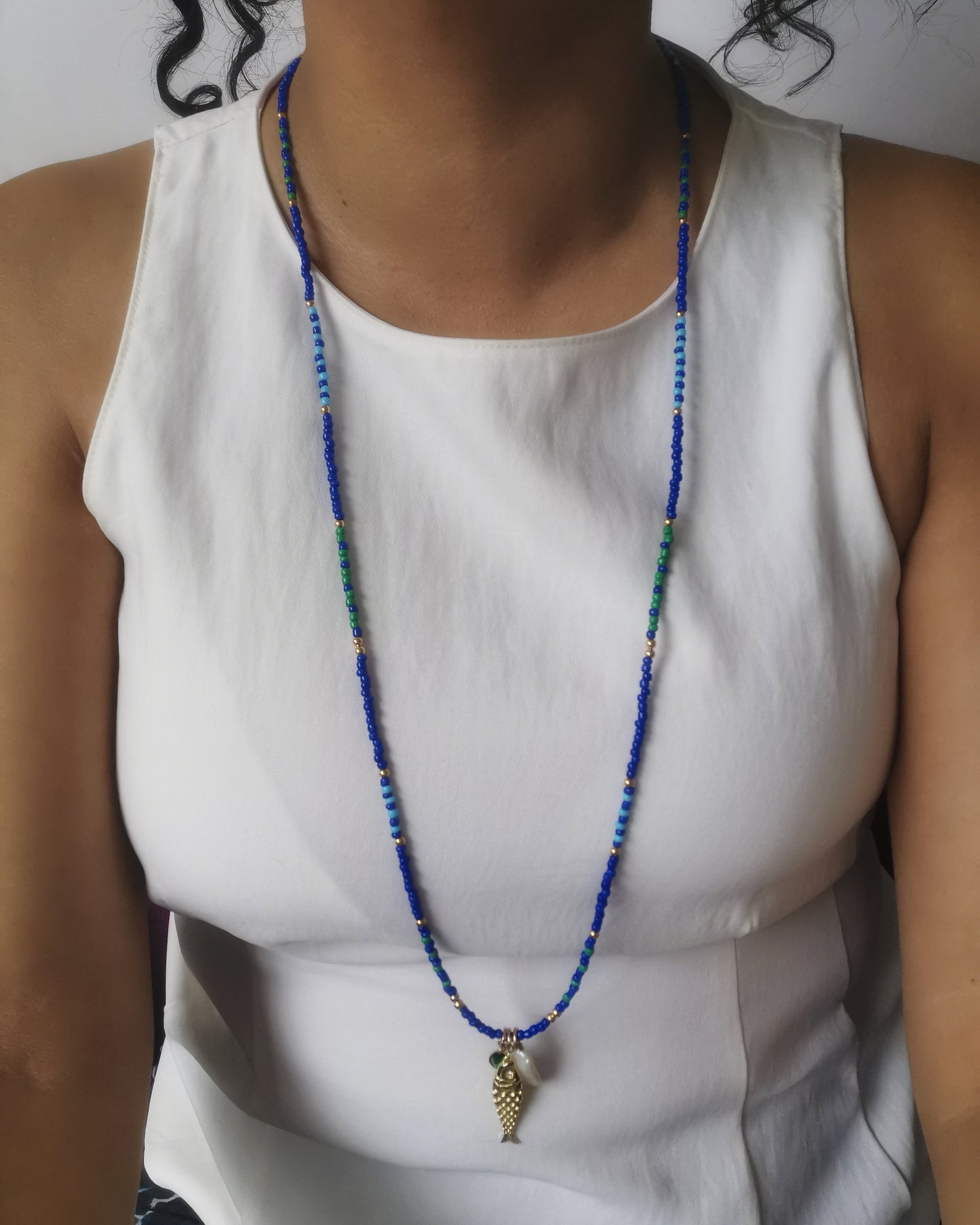 Blue Long Beaded Necklace with Gold Fish Pendant, Pearl & Gemstone.