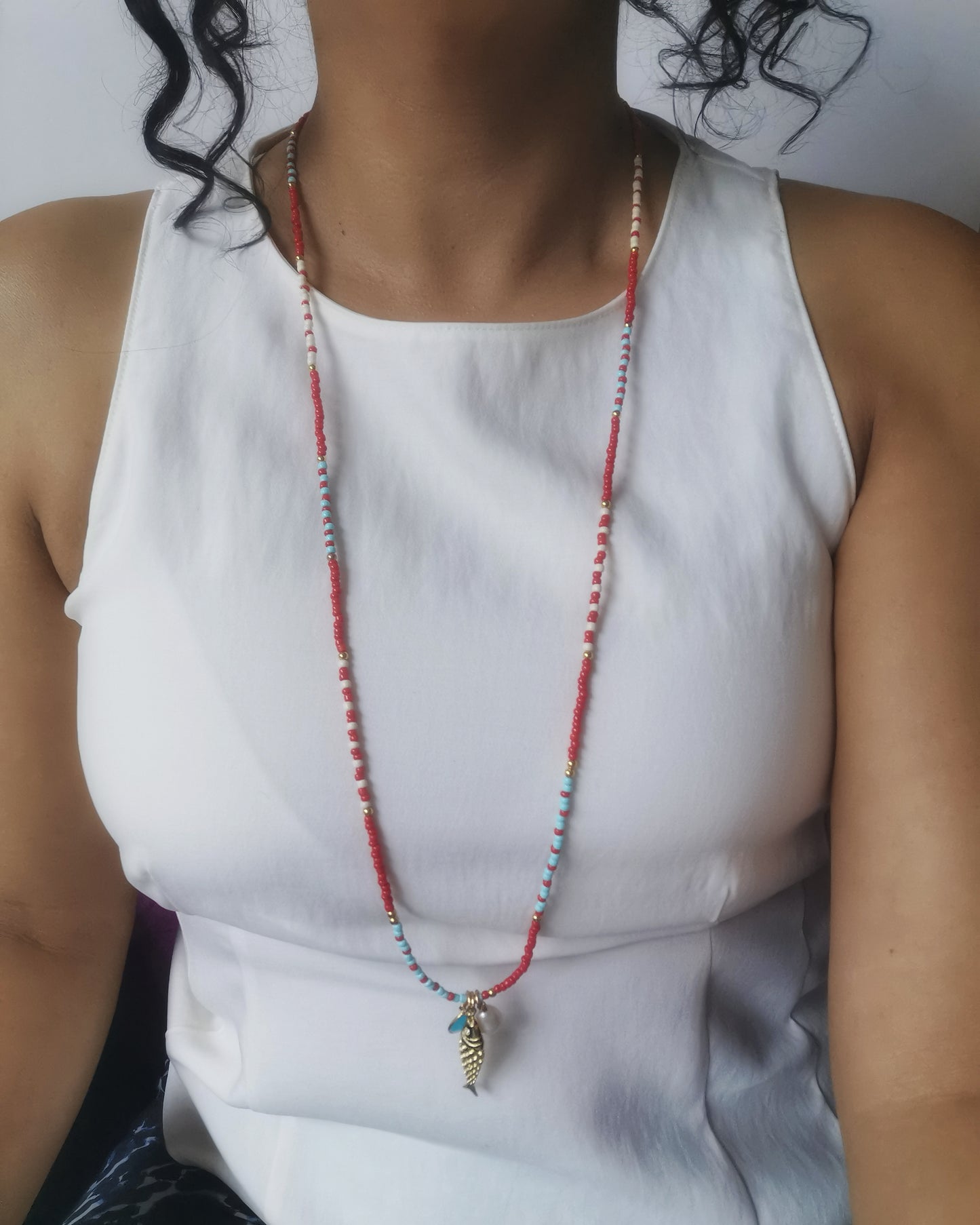 Red Long Beaded Necklace with Gold Fish Pendant, Pearl & Gemstone.