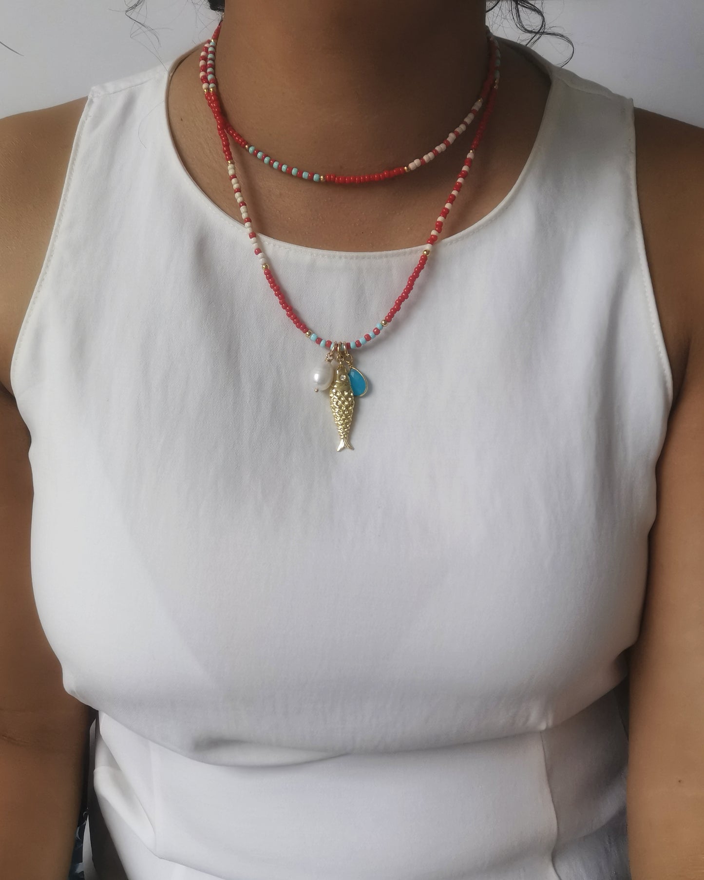 Red Long Beaded Necklace with Gold Fish Pendant, Pearl & Gemstone.