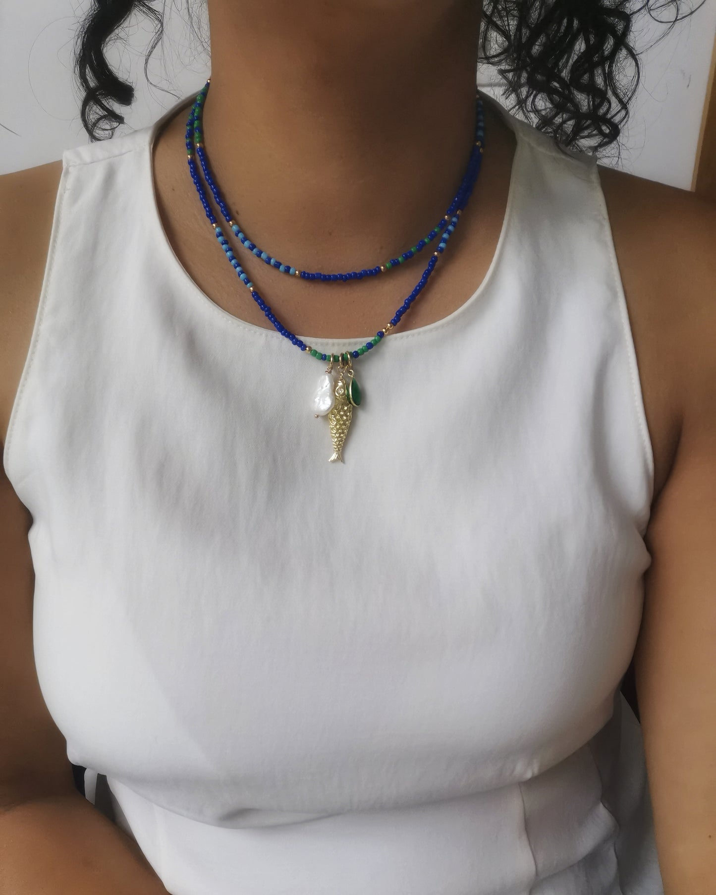 Blue Long Beaded Necklace with Gold Fish Pendant, Pearl & Gemstone.