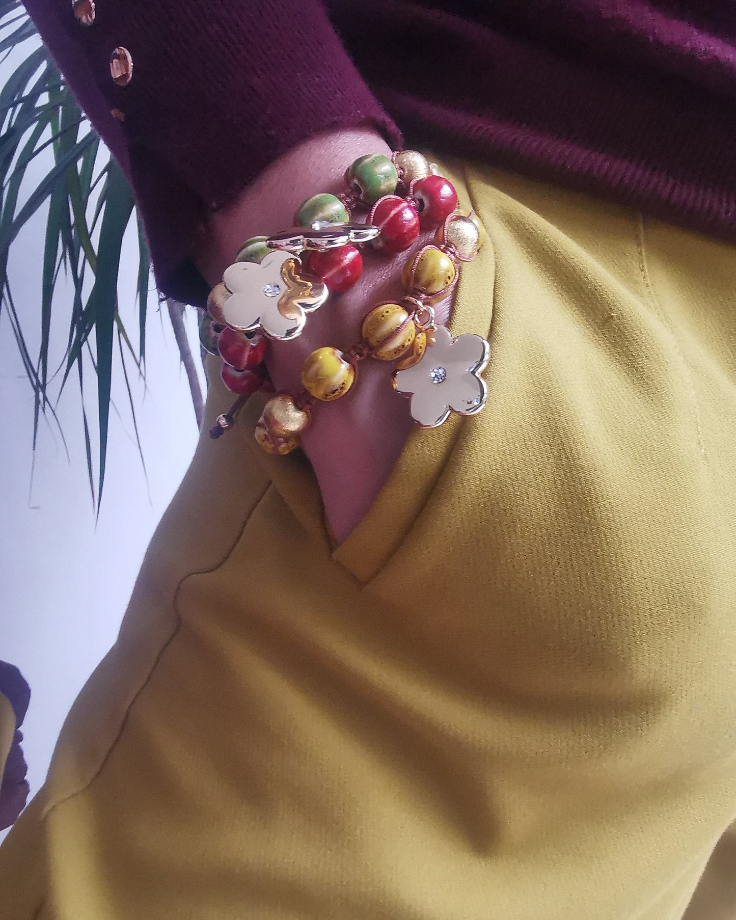 Green Chunky Ceramic Bracelet with Flower Pendant - Vinta Shop