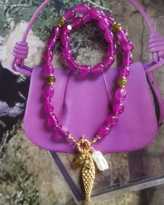 El Pescador || Purple Jade Beaded Necklace with Fish Charm & Pearl. - Vinta Shop