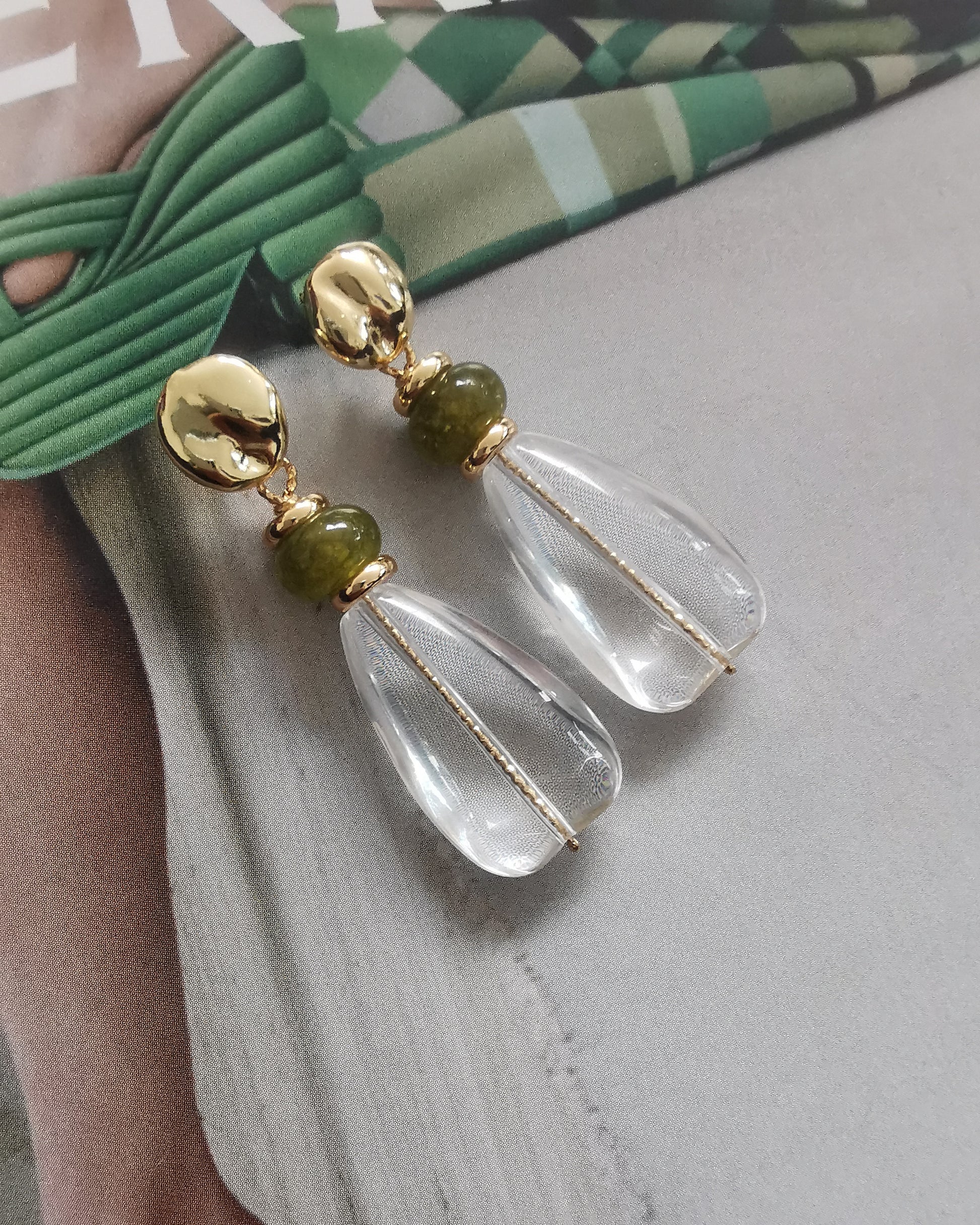 Crystal Earrings with Green Moss Jade Rondelles & Gold Button Stud Earrings. - Vinta Shop