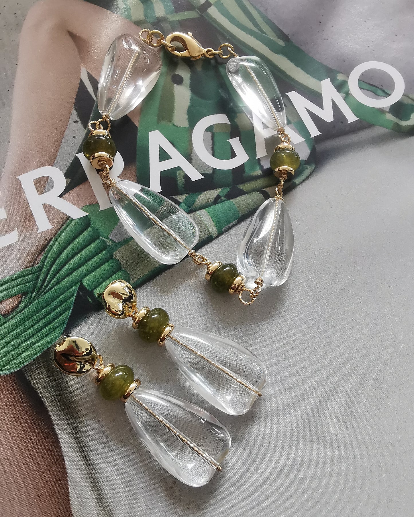 Crystal Earrings with Green Moss Jade Rondelles & Gold Button Stud Earrings. - Vinta Shop