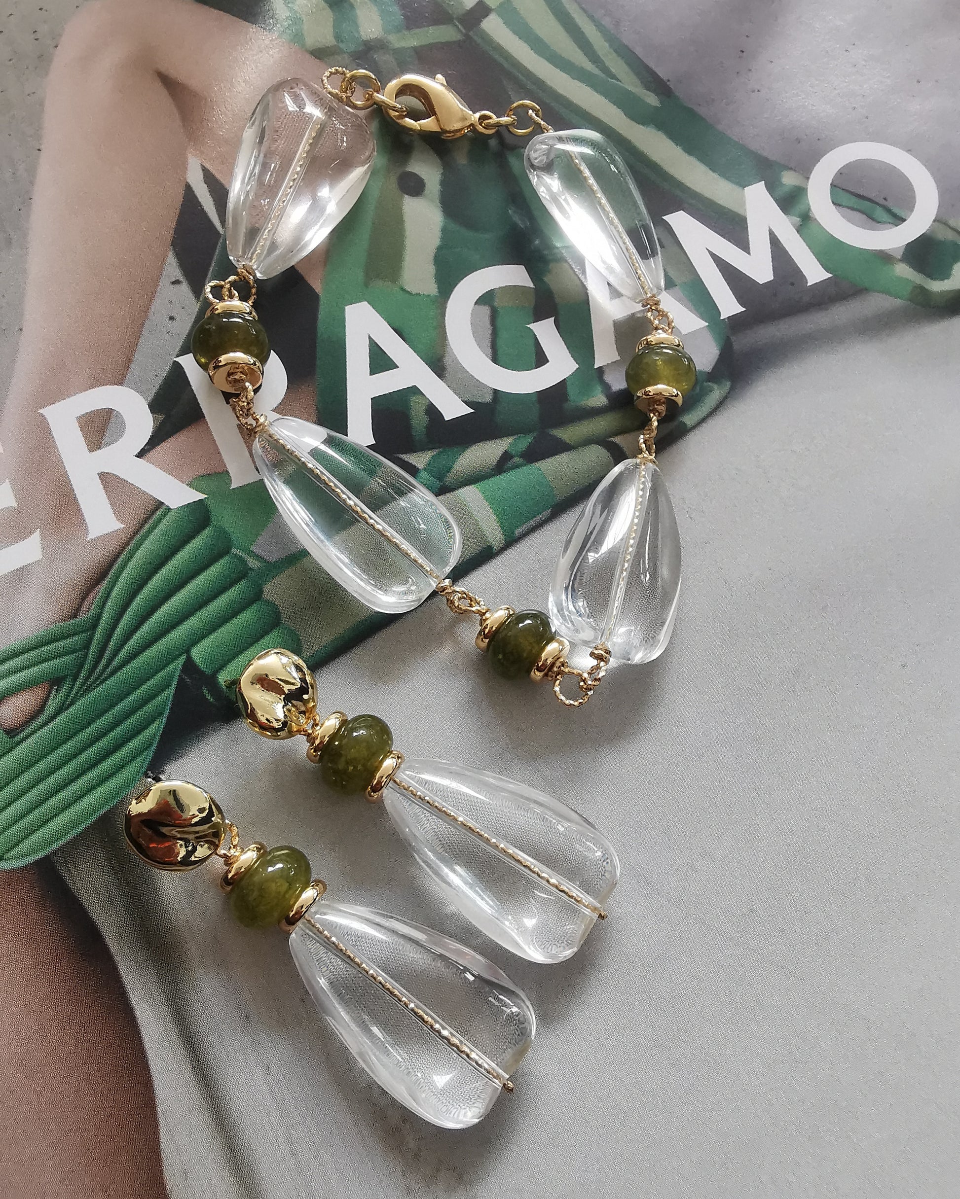Crystal Earrings with Green Moss Jade Rondelles & Gold Button Stud Earrings. - Vinta Shop
