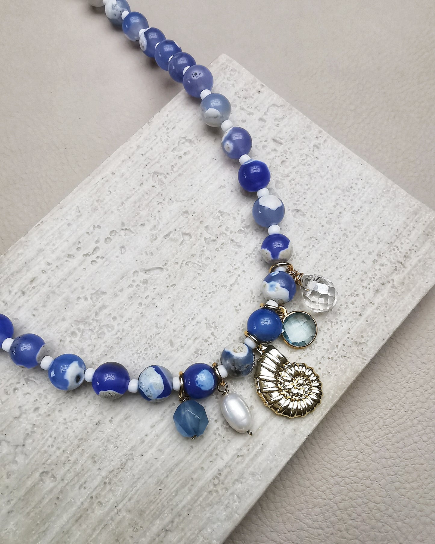 Blue Fire Crackle Agate Beaded Necklace with Charms - Vinta Shop