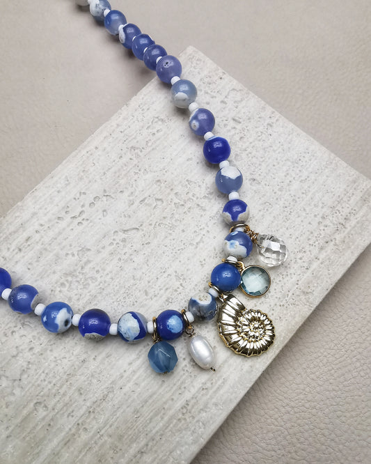 Blue Fire Crackle Agate Beaded Necklace with Charms - Vinta Shop