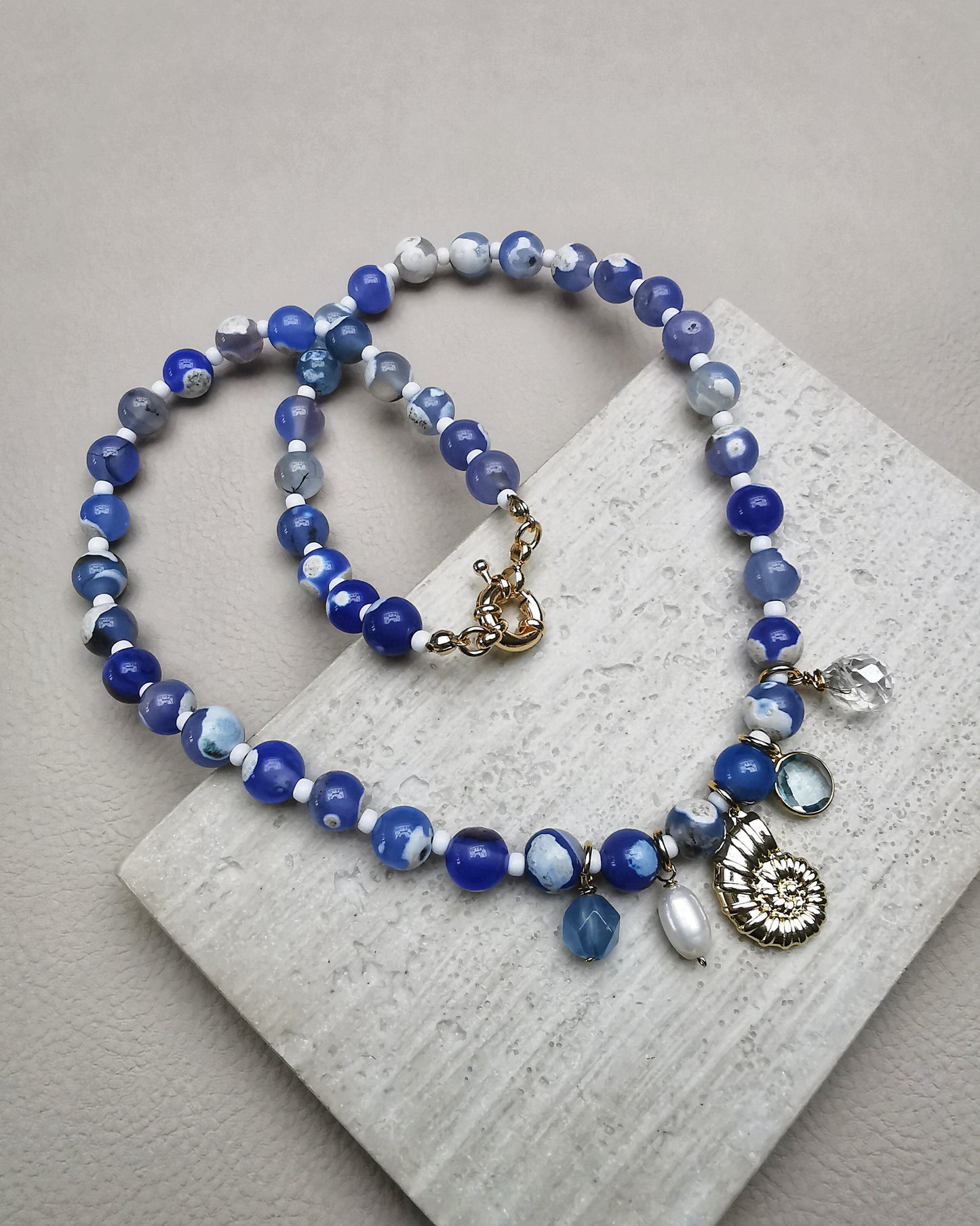 Blue Fire Crackle Agate Beaded Necklace with Charms - Vinta Shop