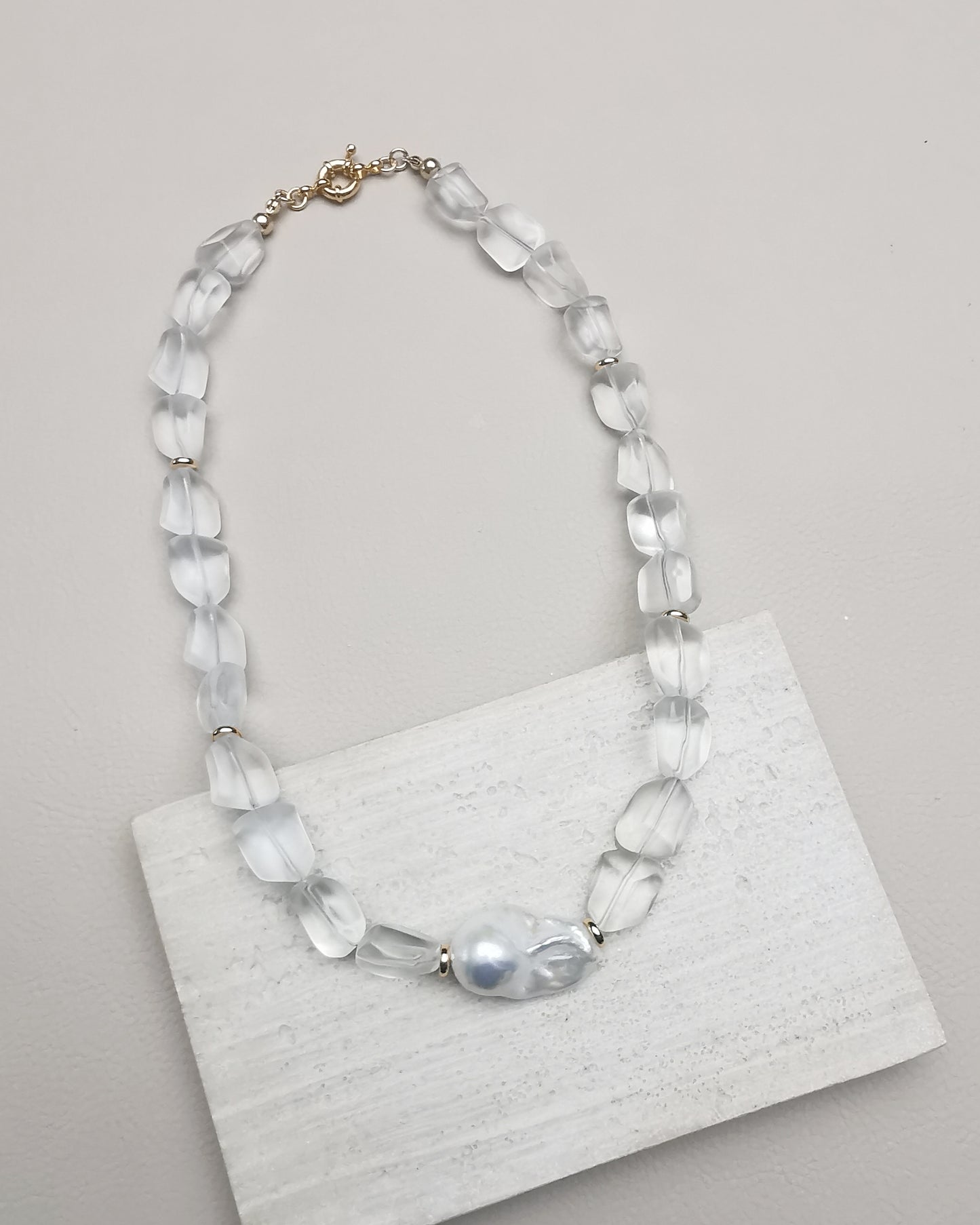Chunky Statement Necklace with Clear Frosty Nugget Crystals & Baroque Pearl - Vinta Shop