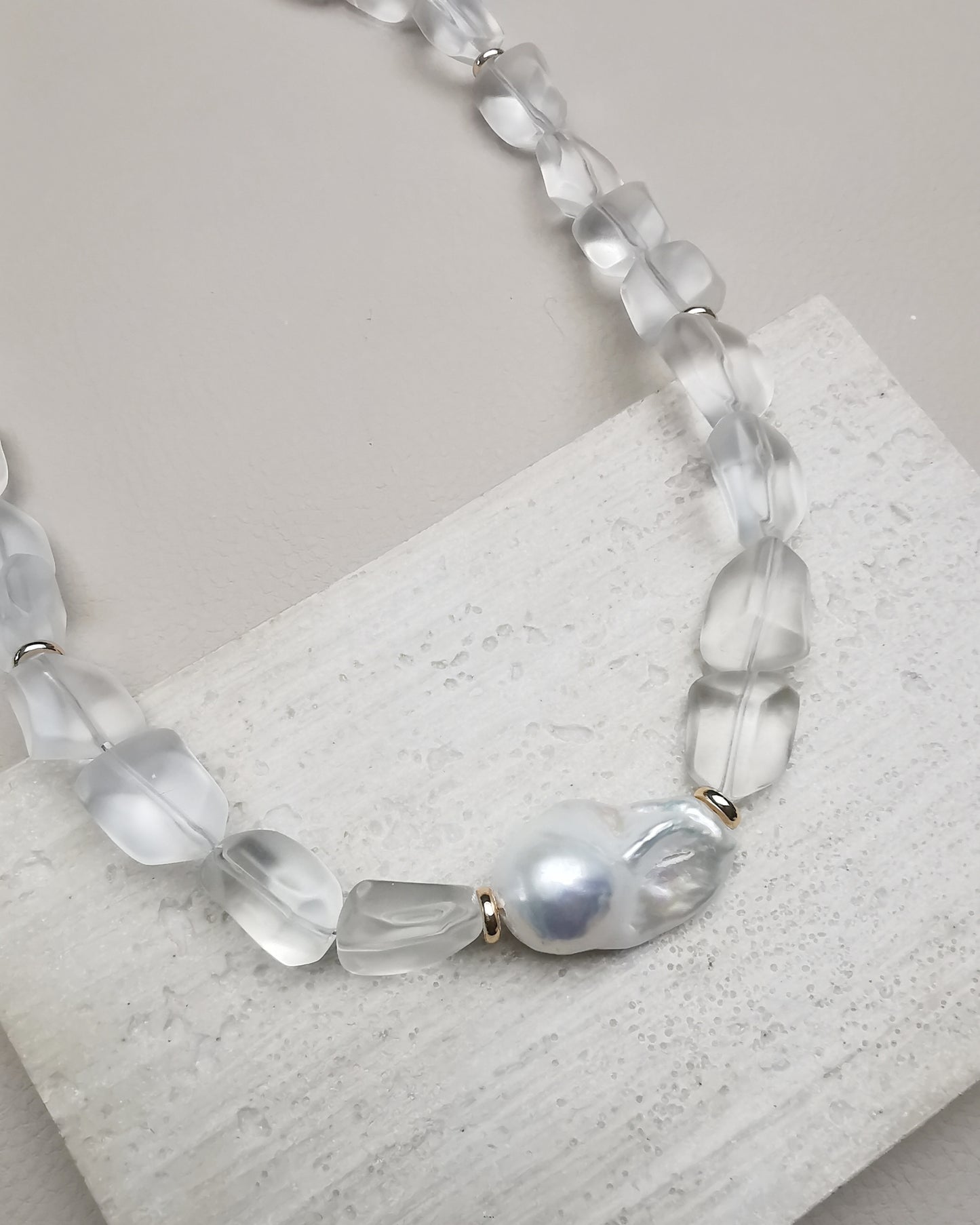 Chunky Statement Necklace with Clear Frosty Nugget Crystals & Baroque Pearl - Vinta Shop