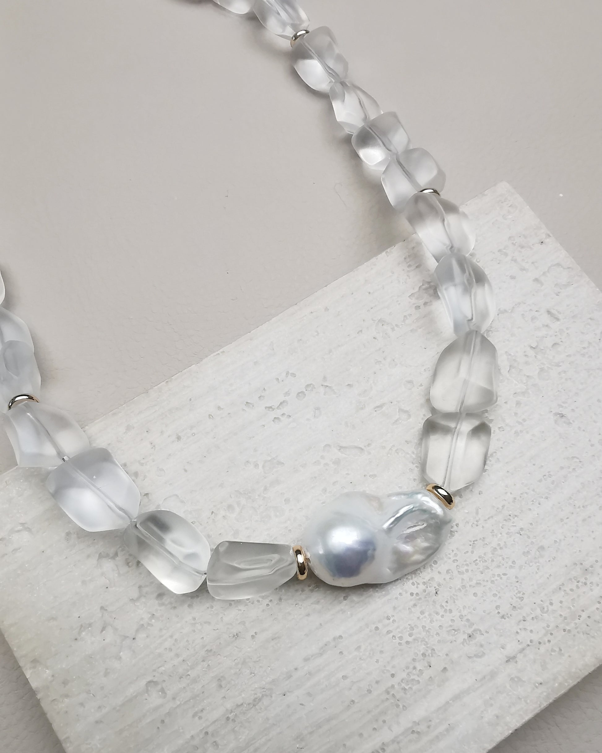 Chunky Statement Necklace with Clear Frosty Nugget Crystals & Baroque Pearl - Vinta Shop