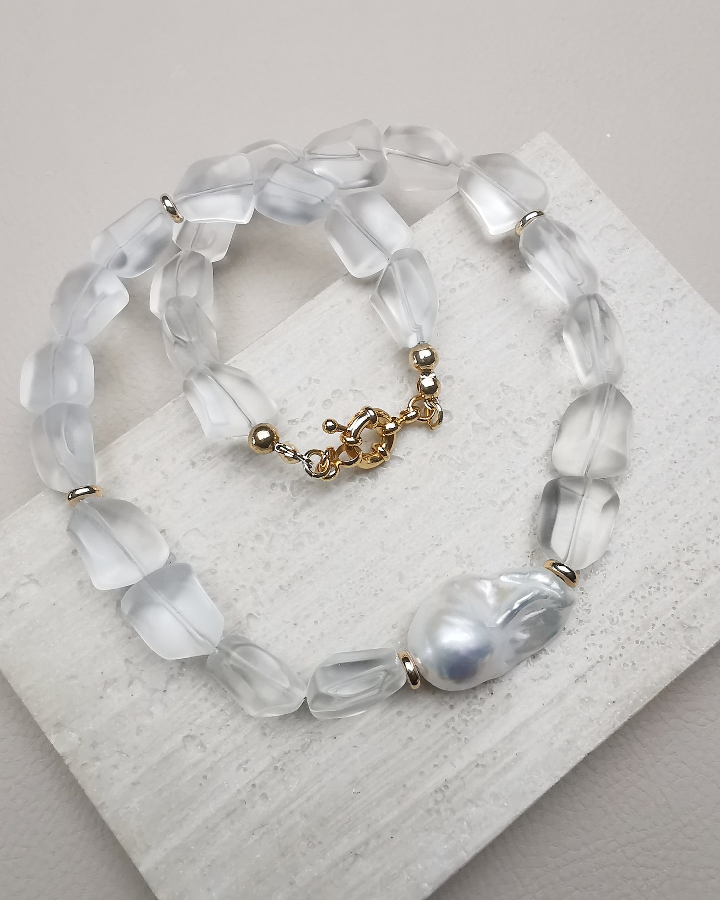 Chunky Statement Necklace with Clear Frosty Nugget Crystals & Baroque Pearl - Vinta Shop