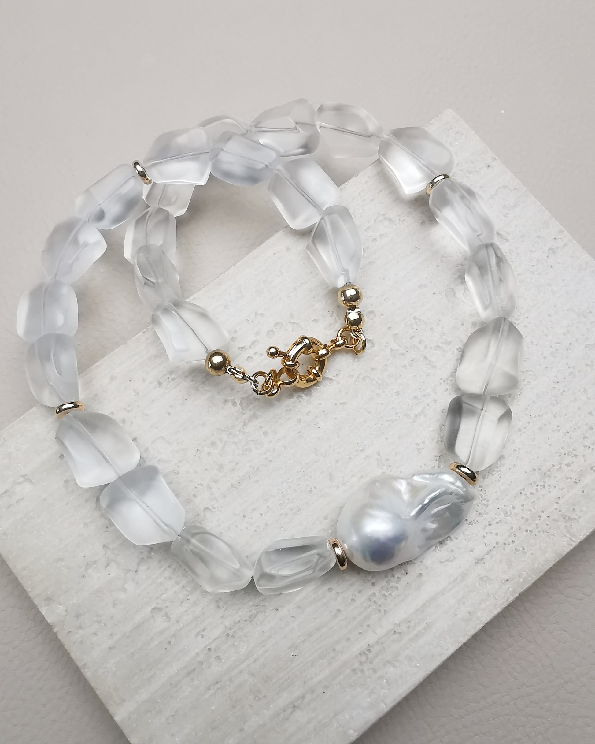 Chunky Statement Necklace with Clear Frosty Nugget Crystals & Baroque Pearl - Vinta Shop