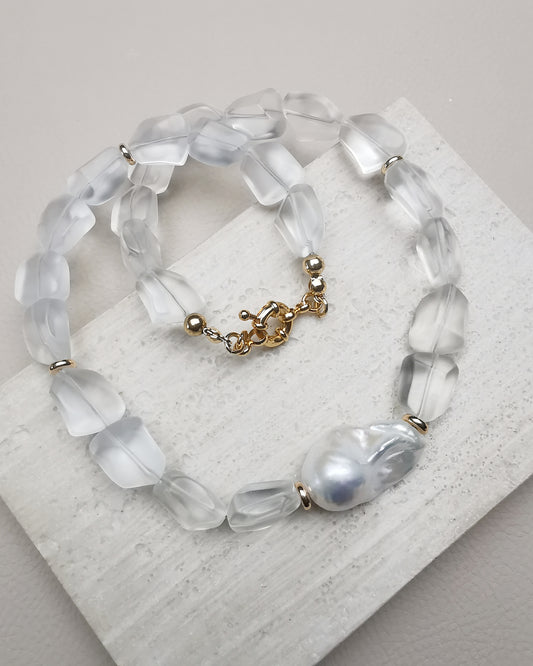 Chunky Statement Necklace with Clear Frosty Nugget Crystals & Baroque Pearl - Vinta Shop
