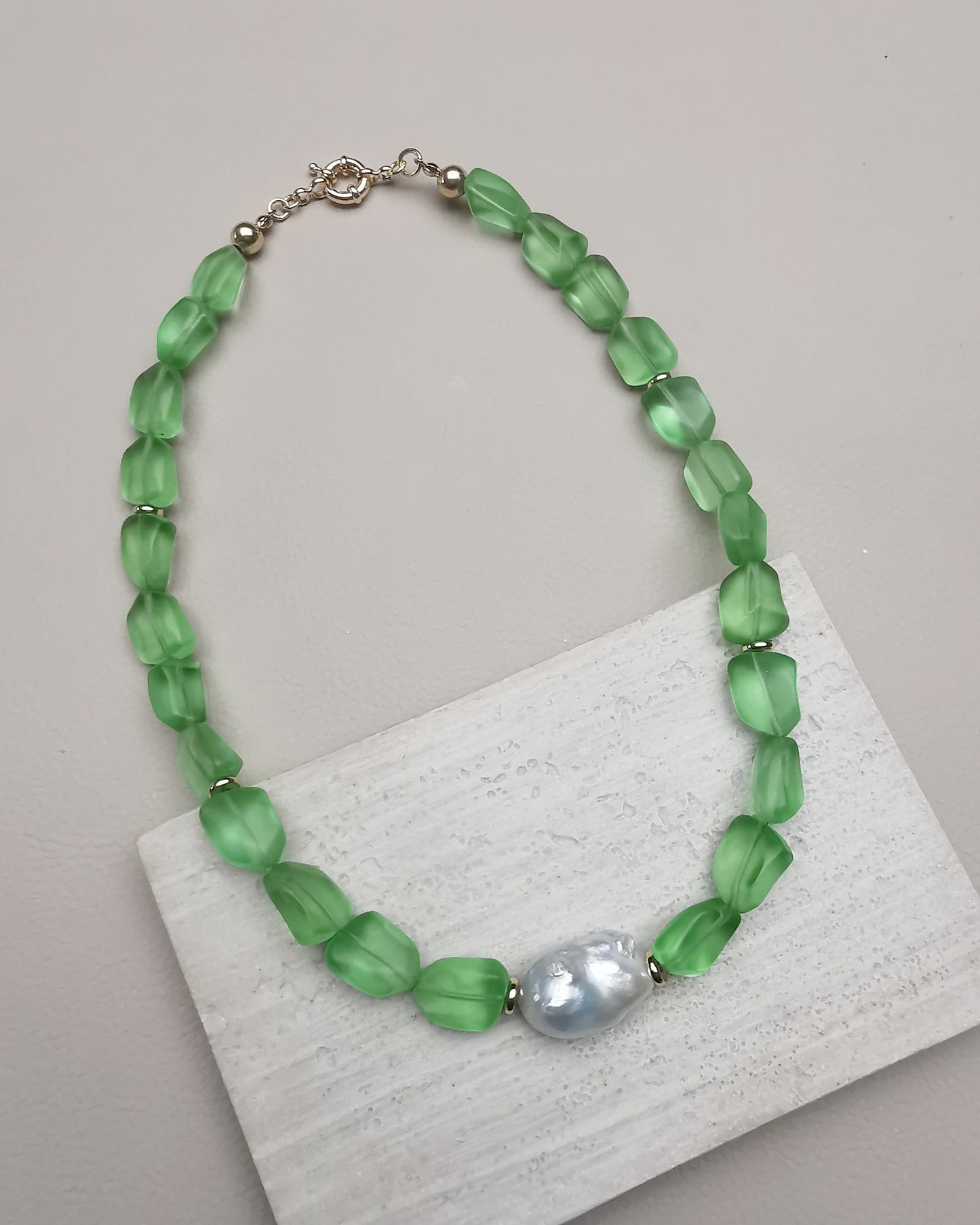 Chunky Statement Necklace with Lime Frosty Nugget Crystals & Baroque Pearl - Vinta Shop