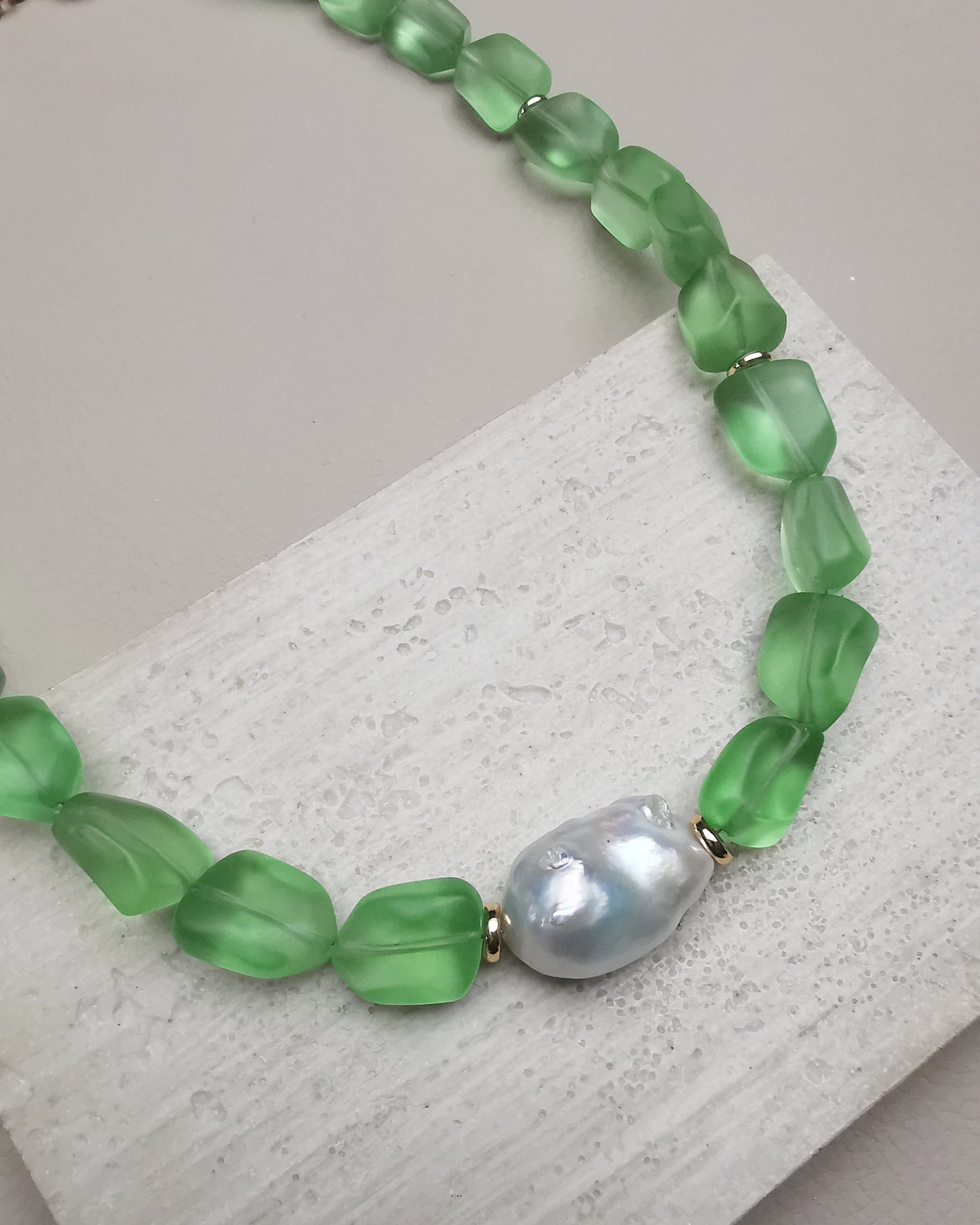 Chunky Statement Necklace with Lime Frosty Nugget Crystals & Baroque Pearl - Vinta Shop