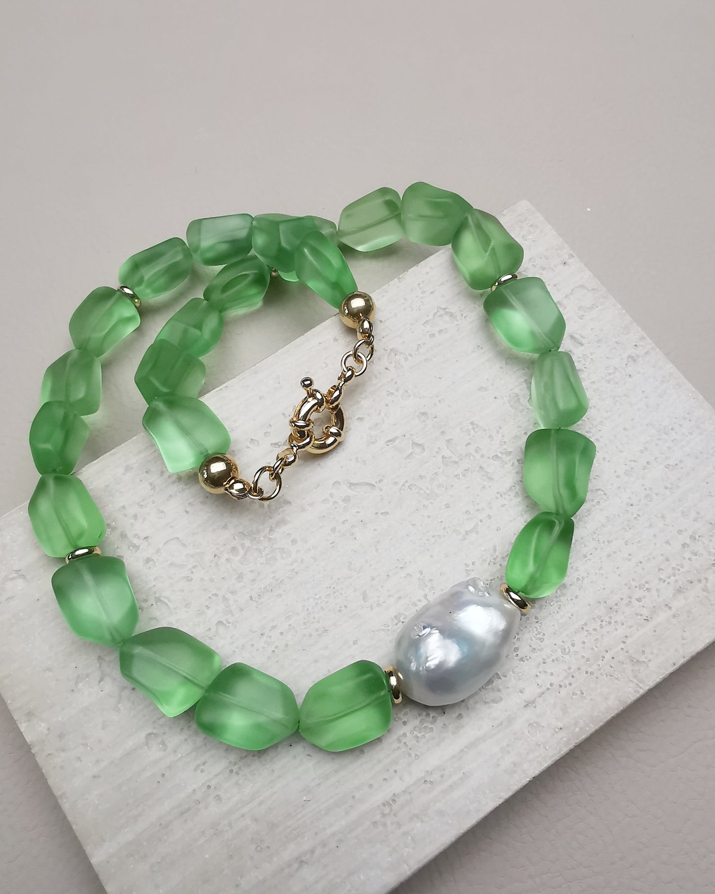 Chunky Statement Necklace with Lime Frosty Nugget Crystals & Baroque Pearl - Vinta Shop