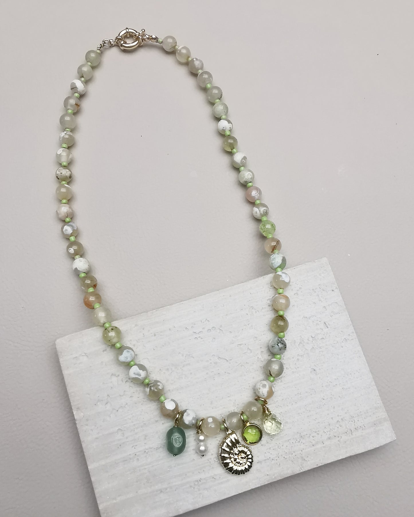 Yellow Fire Crackle Agate Beaded Necklace with Charms. - Vinta Shop