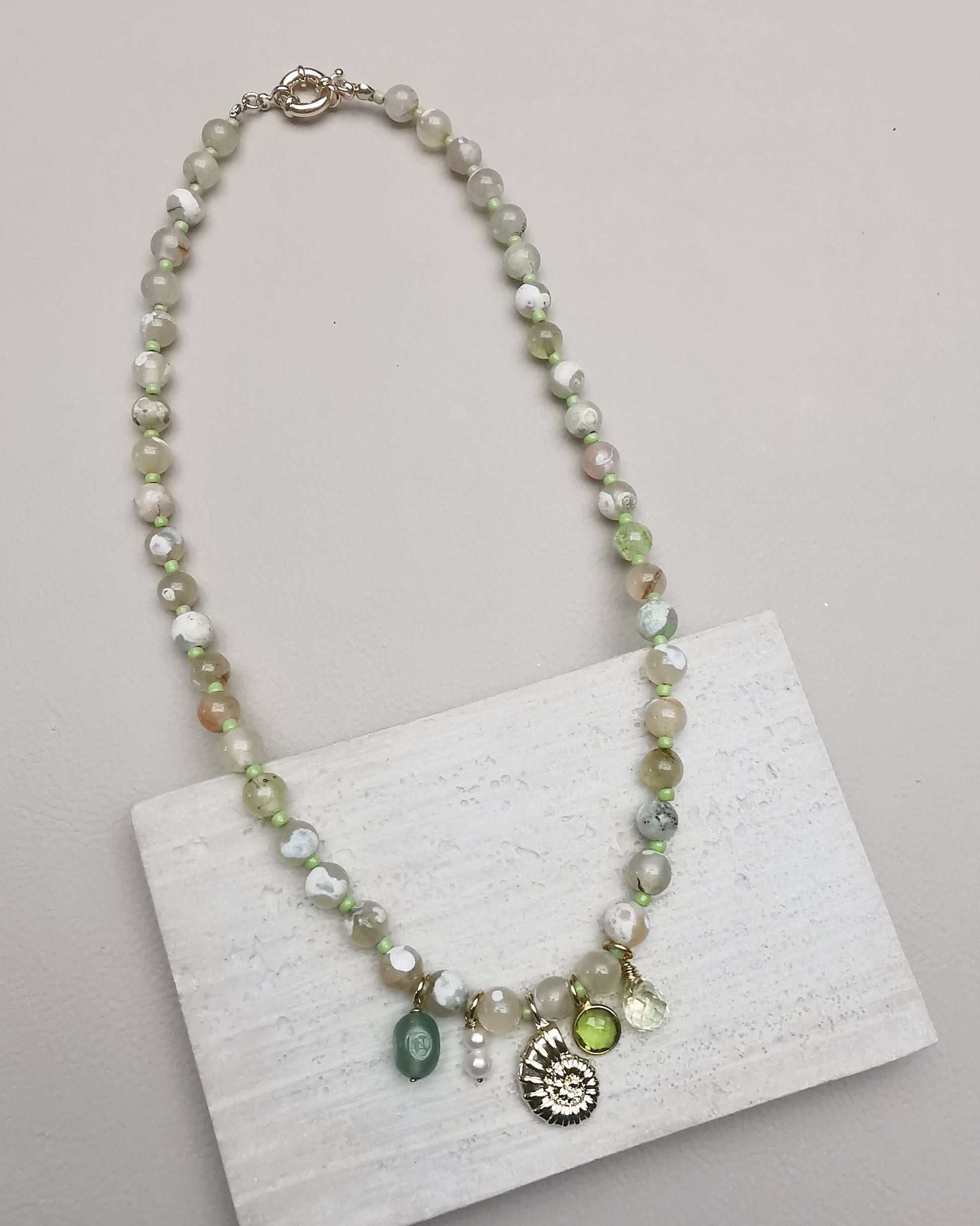 Yellow Fire Crackle Agate Beaded Necklace with Charms. - Vinta Shop