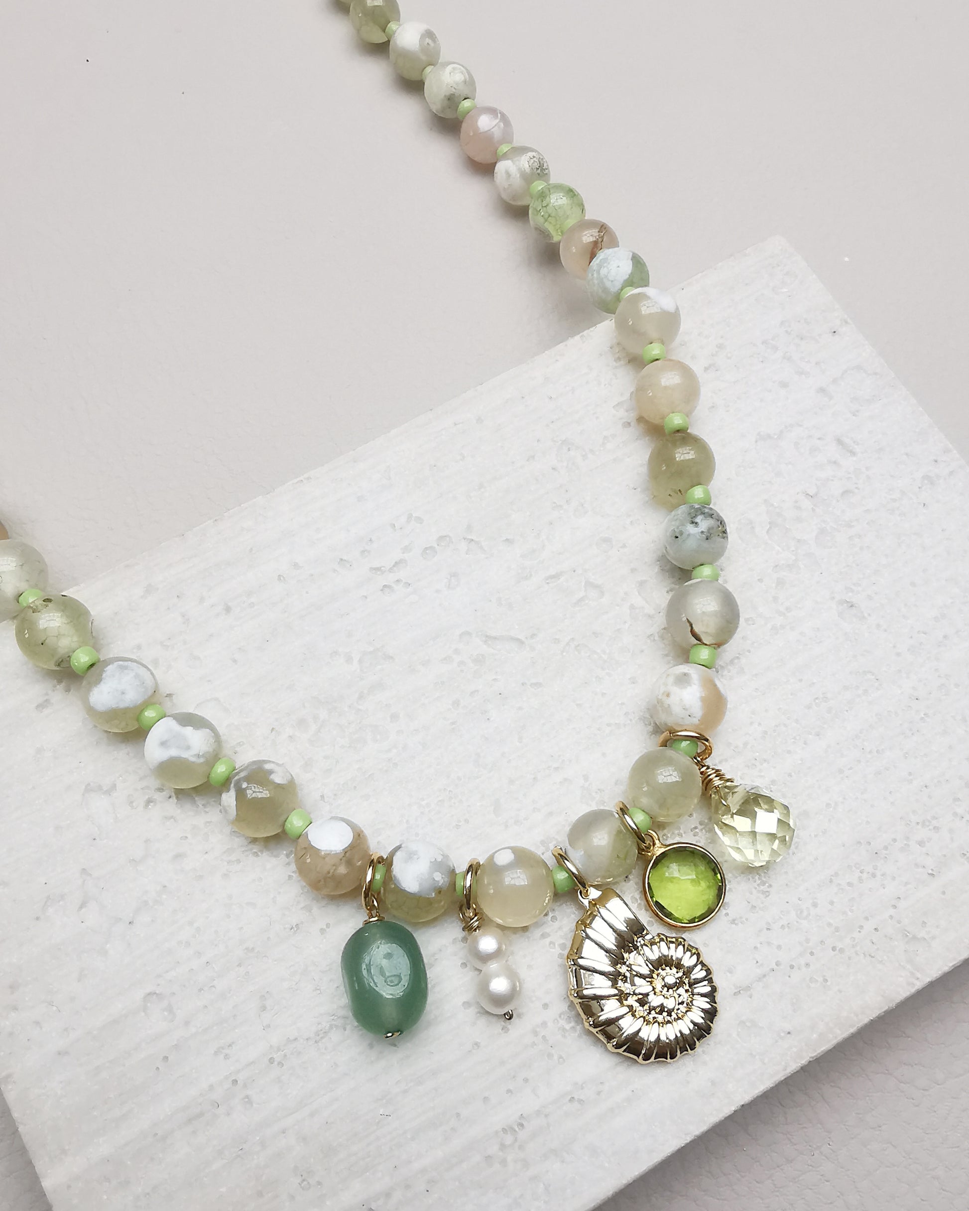 Yellow Fire Crackle Agate Beaded Necklace with Charms. - Vinta Shop