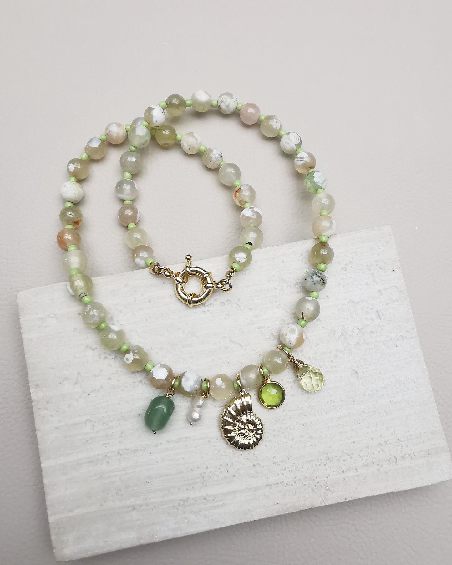 Yellow Fire Crackle Agate Beaded Necklace with Charms. - Vinta Shop