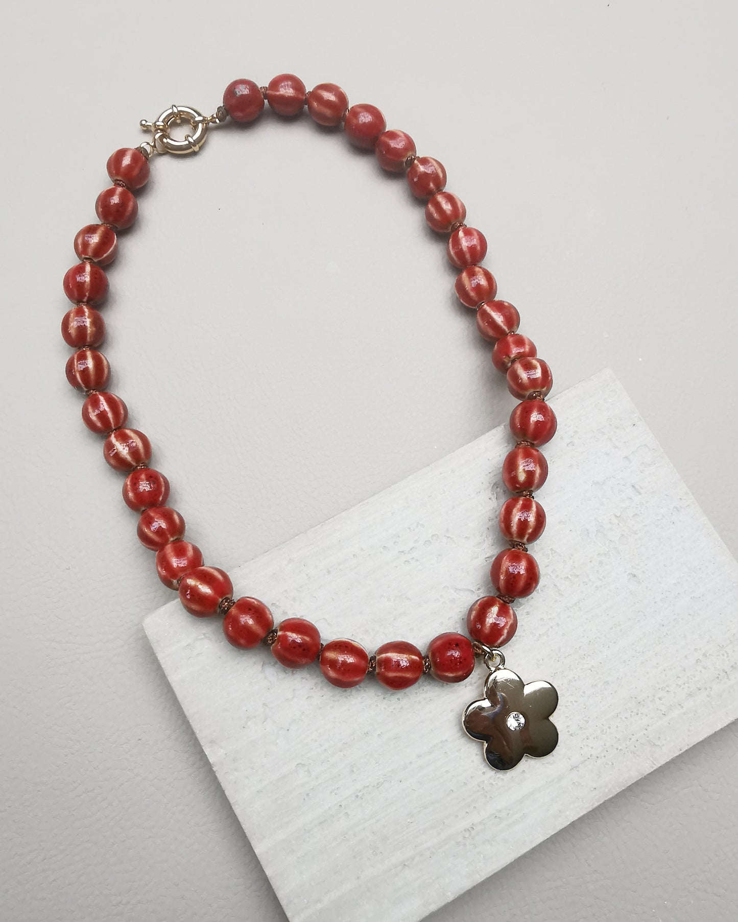 Red Chunky Ceramic Pumpkin Bead Necklace with Flower Pendant - Vinta Shop